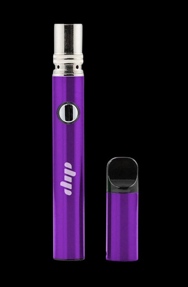 A studio shot of the Dip Devices Lunar Wax Vaporizer, showcasing its silver and black cylindrical shape against a dark background.