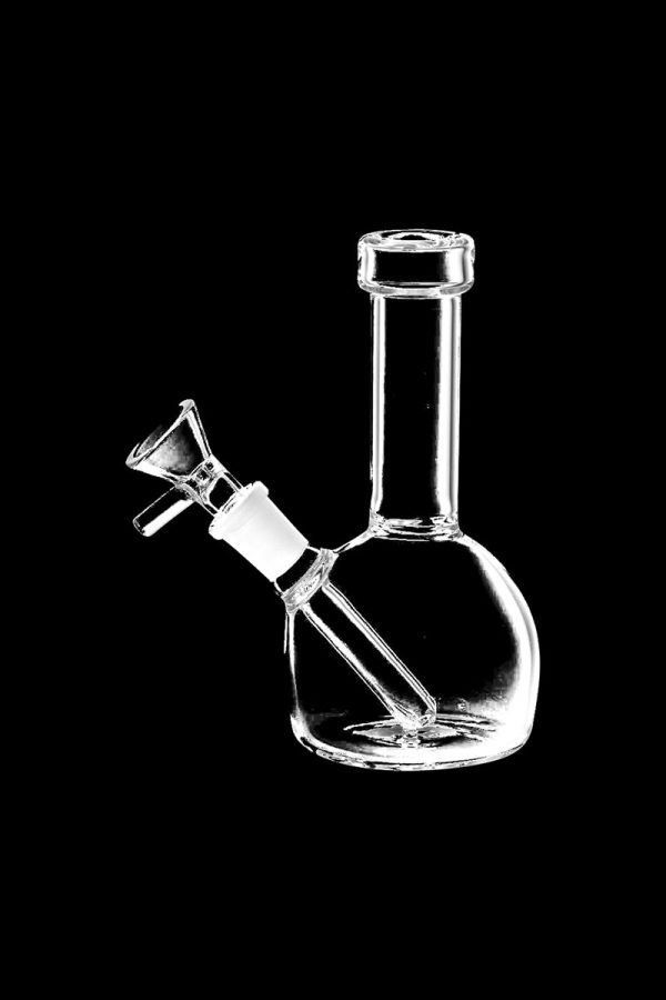 Front view of the Dome Beaker Mini Water Pipe, a clear glass pipe with a wide base and a curved neck.