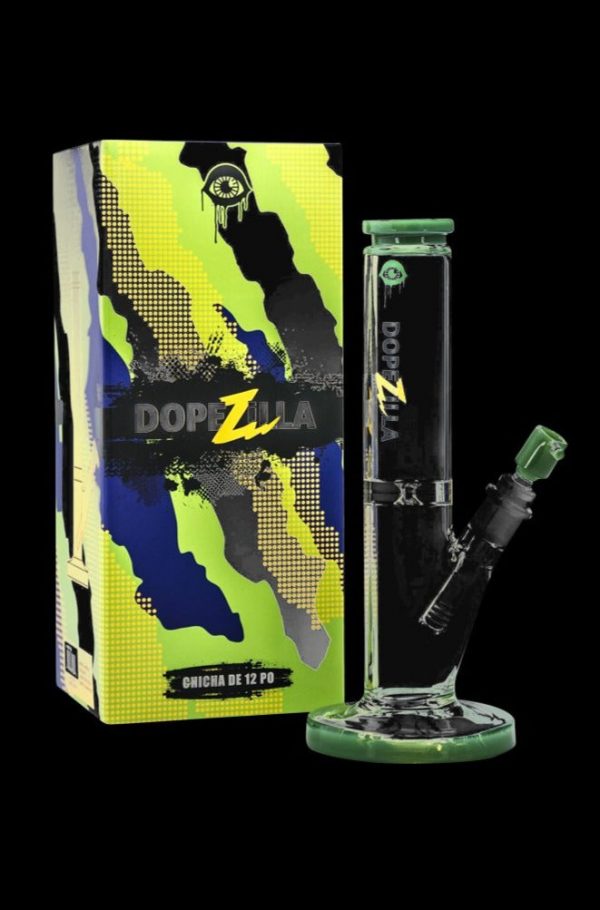 A studio shot of the Dopezilla Cyclops Straight Tube Water Pipe, featuring vibrant green accents on clear glass.