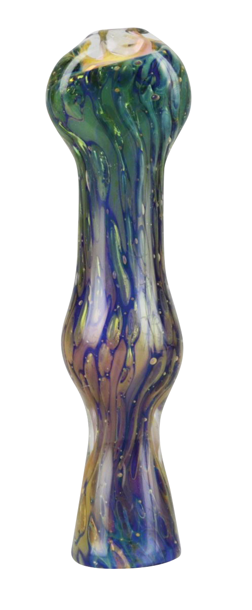 A close-up, angled view of the Double Glass Fumed Chillum Pipe, showing the textured glass and unique shape.