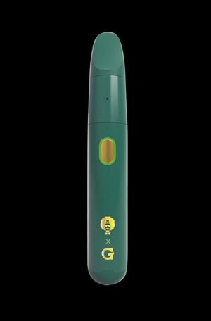 Front view of the Dr. Greenthumb's x G Pen Micro+ Concentrate Vaporizer, a slender, metallic green device against a dark background.