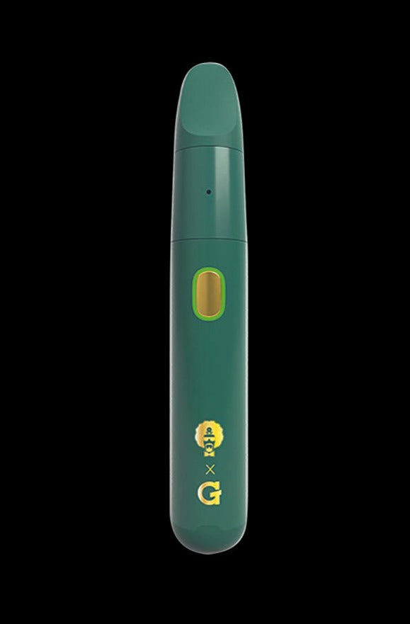 Front view of the Dr. Greenthumb's x G Pen Micro+ Concentrate Vaporizer, a slender, metallic green device against a dark background.