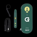 Front view of the Dr. Greenthumb's x G Pen Micro+ Concentrate Vaporizer, with a charging cable and branded packaging beside it.