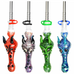 A vibrant comparison shot of the Dragon Snout Glass Vapor Straw Collector in red, clear, and blue, showcasing the unique curved designs.