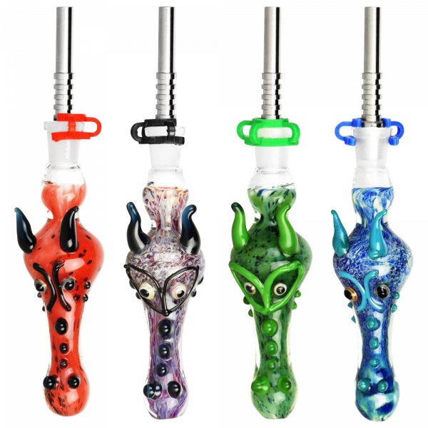 A vibrant comparison shot of the Dragon Snout Glass Vapor Straw Collector in red, clear, and blue, showcasing the unique curved designs.