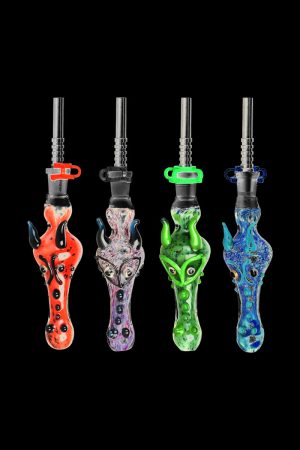 A straight-on view of the Dragon Snout Glass Vapor Straw Collector, showcasing its colorful glass design against a black background.