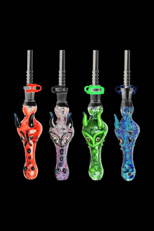 A straight-on view of the Dragon Snout Glass Vapor Straw Collector, showcasing its colorful glass design against a black background.
