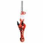 A detailed close-up of the Dragon Snout Glass Vapor Straw Collector, showcasing its sculpted glass design and sleek silver tip.