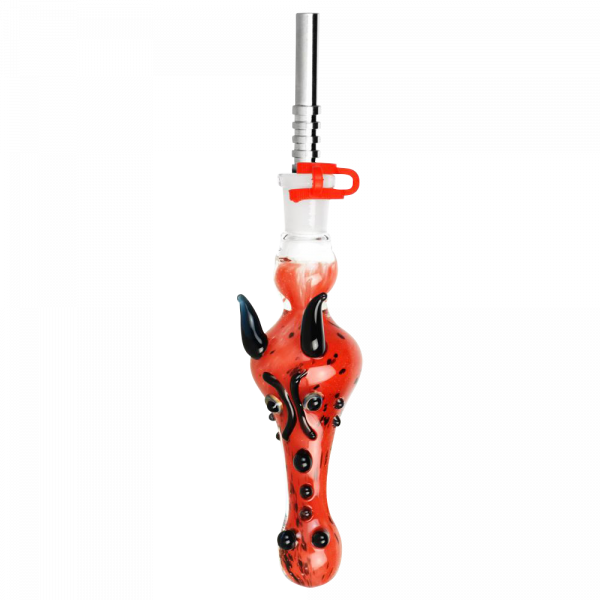 A detailed close-up of the Dragon Snout Glass Vapor Straw Collector, showcasing its sculpted glass design and sleek silver tip.