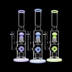 Front view of the Dual Chamber Jellyfish Perc Water Pipe, a tall glass piece with a curved design on a black background.