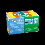 Close-up of a colorful “Tree House” ashtray box with usage instructions and warning labels.