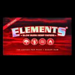 Pack of red Elements rolling papers with icons for slow burn, water resistance, and included sugar gum."