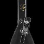 Clear glass bong with a flared base and all-seeing eye logo.