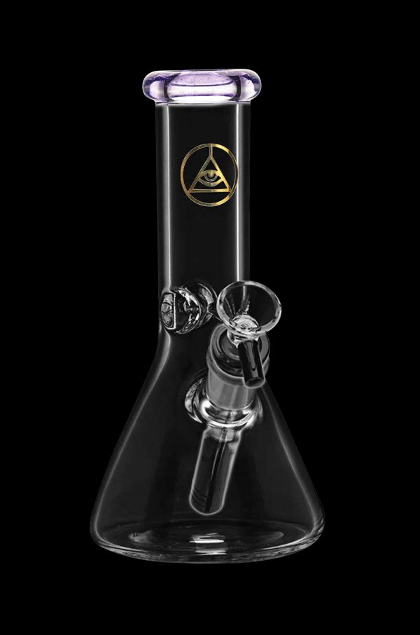 Clear glass beaker bong with all-seeing eye logo.
