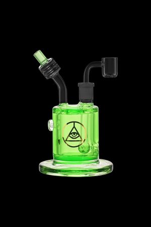 Green glass dab rig with intricate design and oil dome.