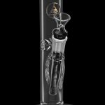 Glass bong with intricate skeletal hand design and all-seeing eye logo.