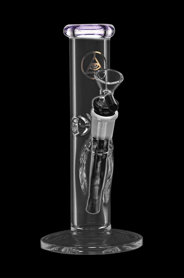 Glass bong with intricate skeletal hand design and all-seeing eye logo.