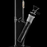 Clear glass bong with a flared base and ice pinch, against a black background.