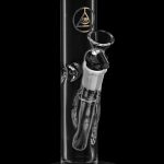 Clear glass water pipe (bong) with intricate sculptural design and red accent rim, isolated on a black background.