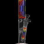 A colorful glass bong with psychedelic patterns and vibrant rainbow accents.