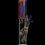 A colorful glass bong with psychedelic patterns and a removable downstem.