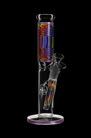 A colorful glass bong with psychedelic patterns and a removable downstem.