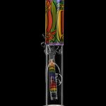 A vibrant glass bong with colorful patterned accents and internal percolation features, set against a black background.