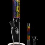 A vibrant glass water pipe (bong) with psychedelic, colorful patterns, displayed with its component parts.