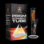 A product shot of a colorful glass smoking pipe ("prism straight tube") in its retail box, featuring a prismatic design and branding.