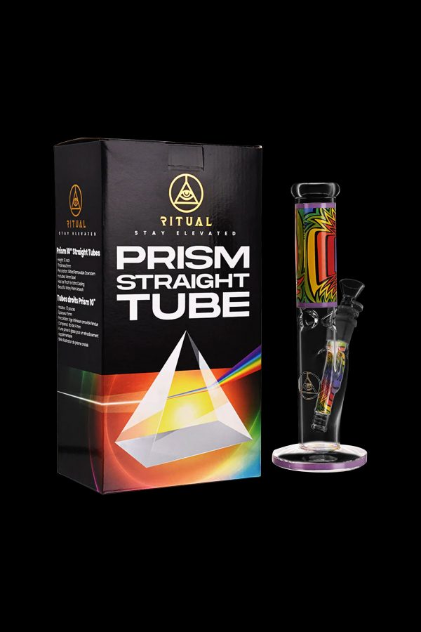 A product shot of a colorful glass smoking pipe ("prism straight tube") in its retail box, featuring a prismatic design and branding.