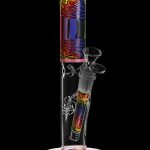 A vibrant glass bong with colorful psychedelic patterns and intricate etched designs.