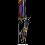 A colorful glass bong with psychedelic patterns and a green base, isolated on a black background.