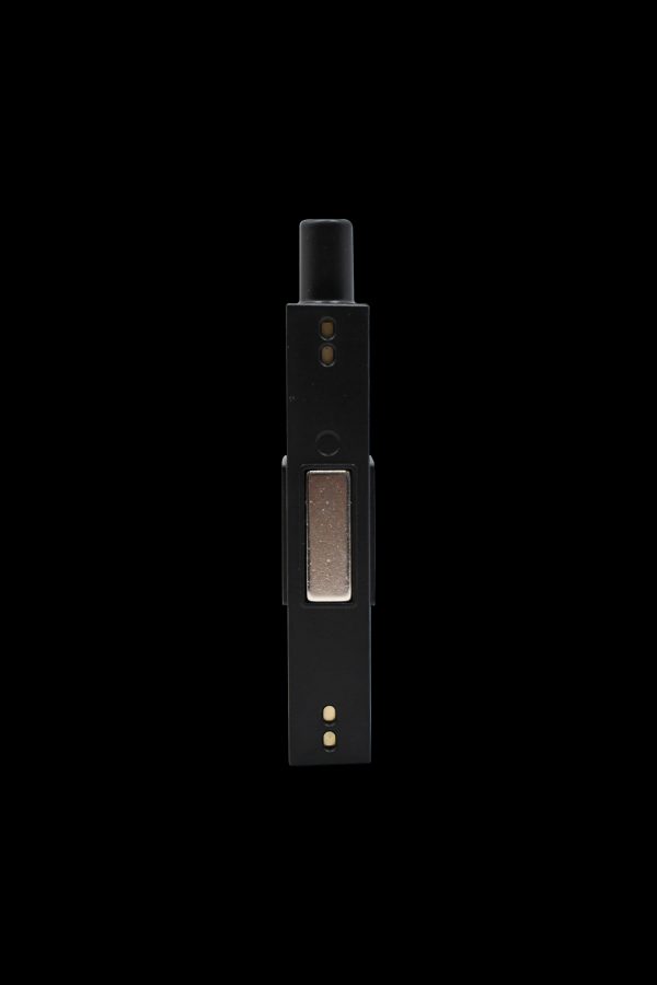 Black cannabis vaporizer pen with visible herb chamber.