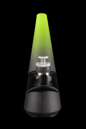 Black cannabis e-rig with a glowing green glass mouthpiece.