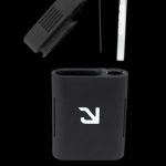 Black cannabis vaporizer device disassembled, showcasing its components against a dark background.