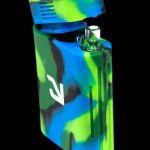 Colorful silicone dab torch with open cap, revealing glass tip.