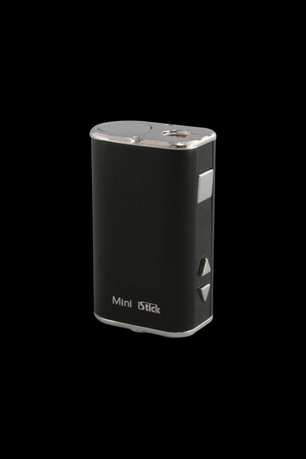 Front view of the Eleaf iStick Mini 10W Digital Mod Battery, a compact, silver-toned device with a dark screen and button details.