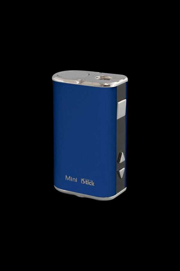 Front view of the Eleaf iStick Mini 10W Digital Mod Battery, a small, blue, rectangular device with silver buttons.