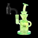 Green glass dab rig with a quartz banger, branded "Stash Shack."