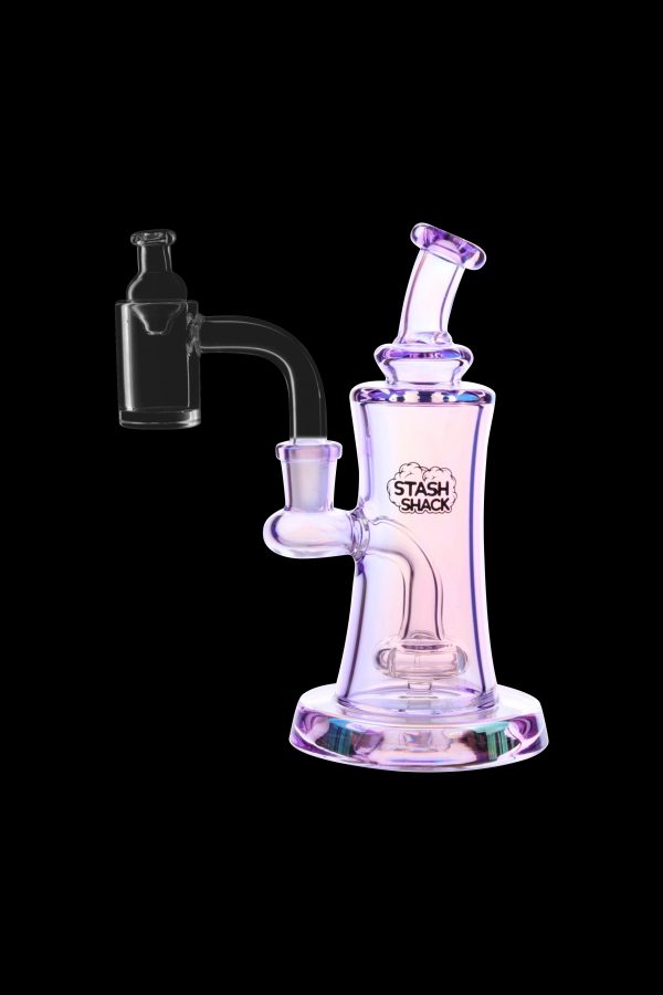 Iridescent glass dab rig with a quartz nail, branded "Stash Shack."
