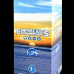 Front view of the Elements Rice 1 1/4" pre-rolled cones bulk box, displaying the brand name and colorful graphics on a dark background.