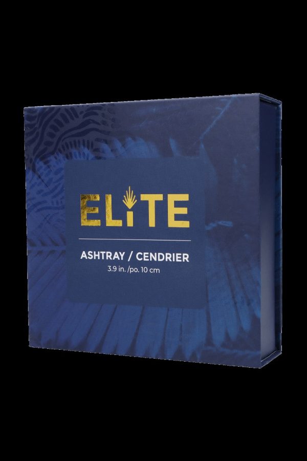 Blue gift box for "Elite" ashtray, labeled with dimensions 3.9 in / 10 cm.