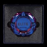 A vibrant blue and purple glass cannabis water pipe labeled “Elite” rests inside a black foam-lined box.