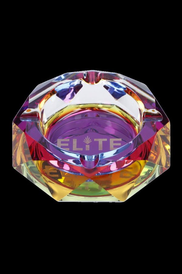 Iridescent glass ashtray with "ELITE" logo and cannabis leaf design.