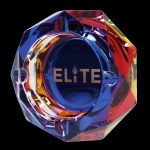Iridescent glass ashtray with “Elite” logo and cannabis leaf detail.