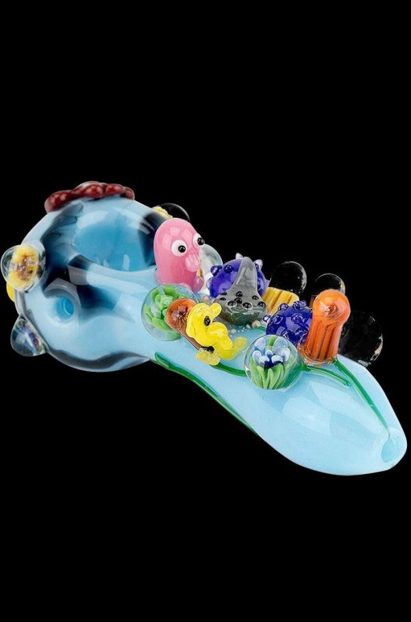 Front view of the Empire Glassworks Spoon Pipe - Great Barrier Reef, showcasing a colorful, sculpted design resembling coral.