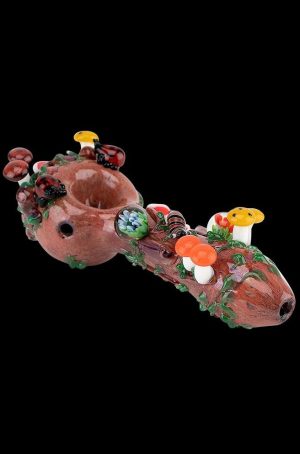 The Empire Glassworks Spoon Pipe - Nature displays a detailed, hand-blown glass pipe adorned with colorful mushroom-shaped accents.
