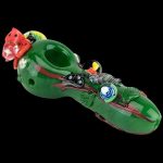 The Empire Glassworks Spoon Pipe - Garden Critters is shown in a side view, featuring colorful sculpted details resembling whimsical garden creatures.