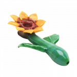 Front view of the Empire Glassworks Sunflower Hand Pipe, showcasing a detailed, yellow flower-shaped bowl on a curved stem.