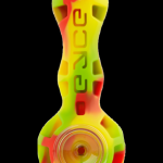 Colorful silicone cannabis pipe with the word “peace” vertically embossed.